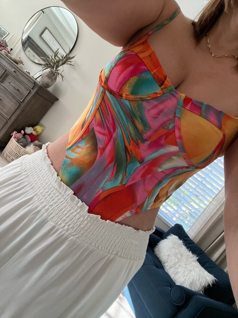 Timing Multicolor Abstract Halter Bustier Top